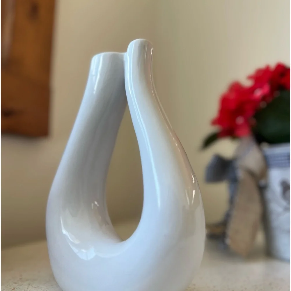 White Ceramic Vase Set of 2 for Modern Home Decor, Round Matte swan Vases for P